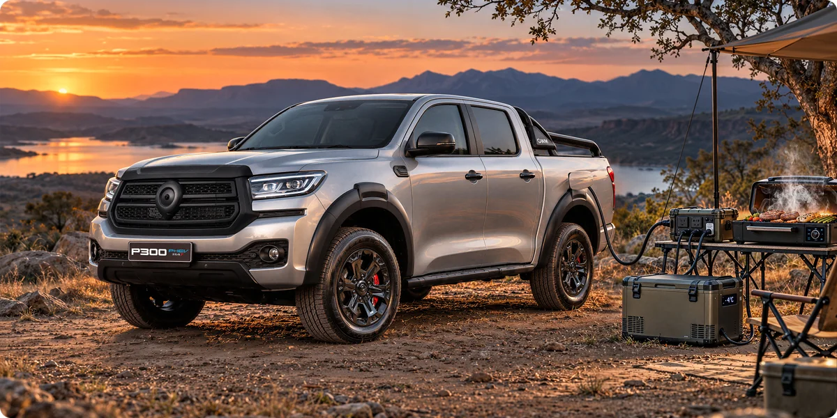 P300 PHEV powering camping equipment with Vehicle-to-Load at sunset